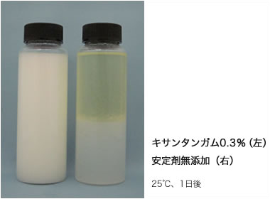 キサンタンガム0.3％（左）、安定剤無添加（右）25℃、1日後
